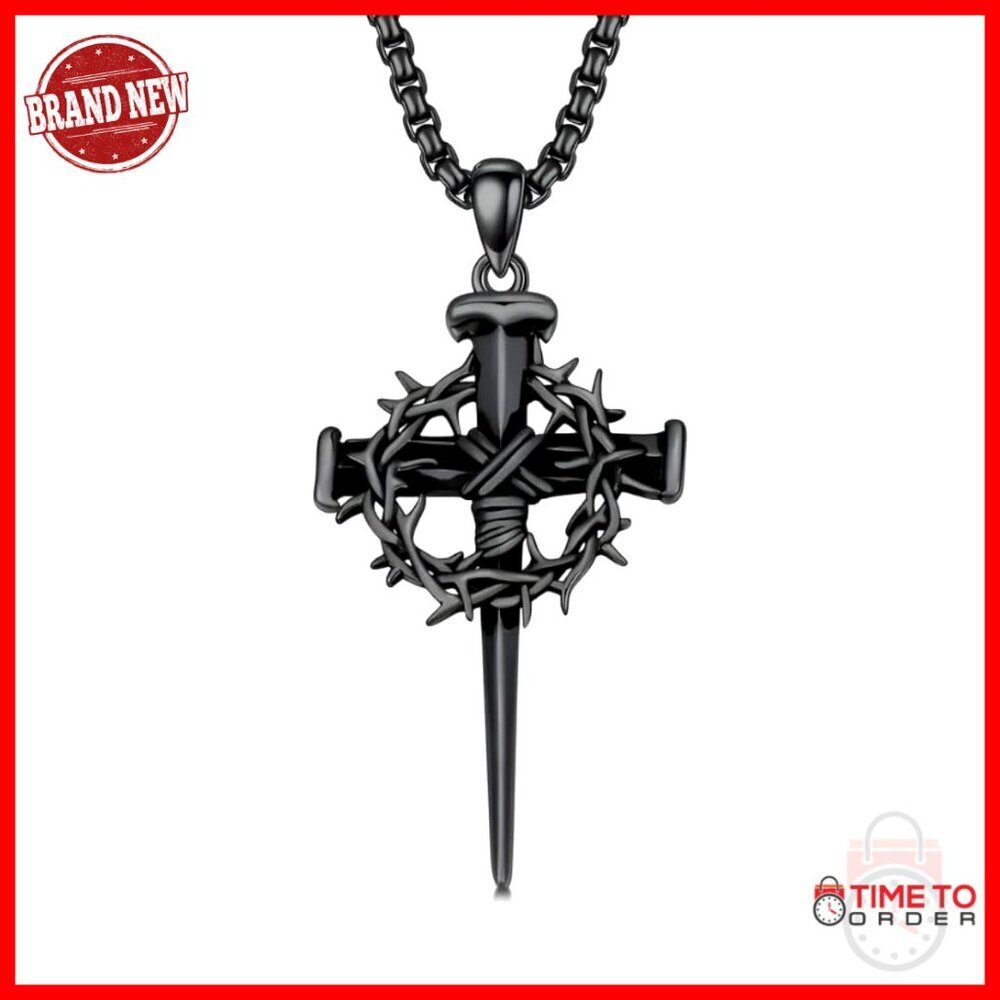 Sterling Silver Crown Cross Necklace, Retro Crucifix Pendant, Faith Jewelry